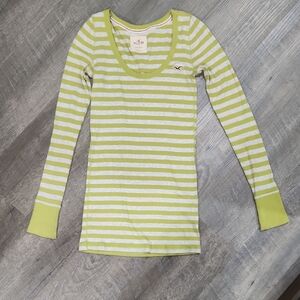 Women's Hollister Lime and Grey Striped Long Sleeve Tee